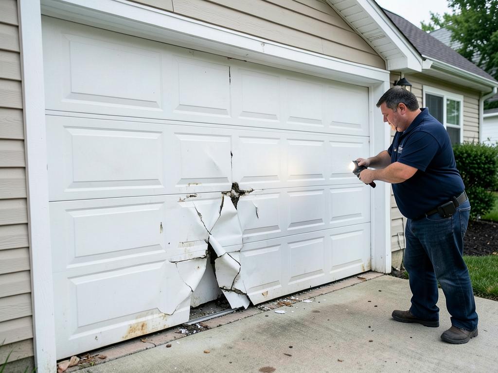 Technician inspecting a severely damaged residential garage door after an impact in Mount Holly, NC