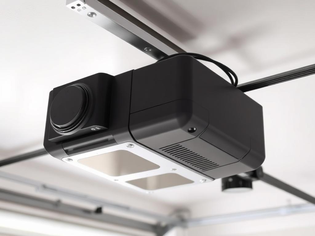 Modern garage door opener motor mounted on a residential garage ceiling