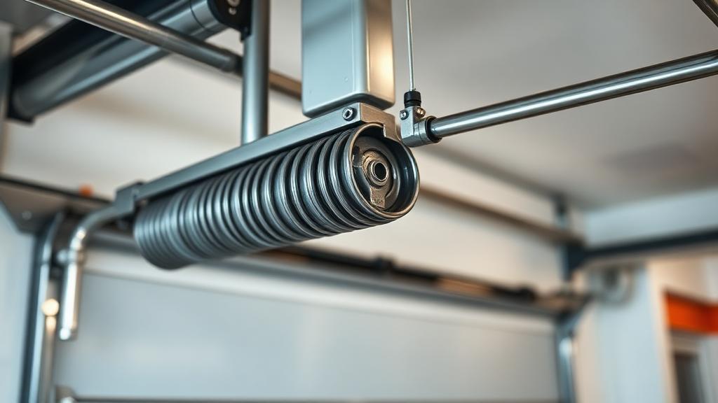 Close-up of a garage door torsion spring system above a residential garage door