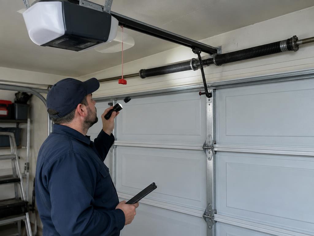 Technician diagnosing a garage door that won't open in Mount Holly, NC