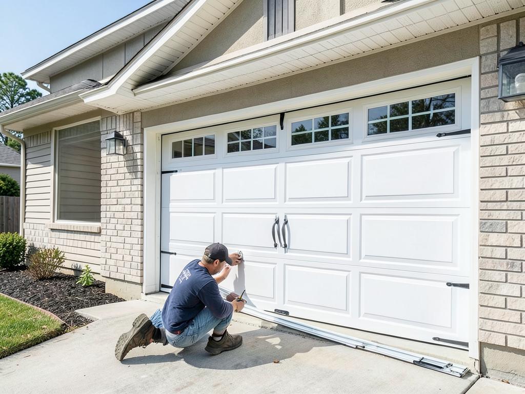 Residential garage door panel replacement in progress on a home in Mount Holly, NC
